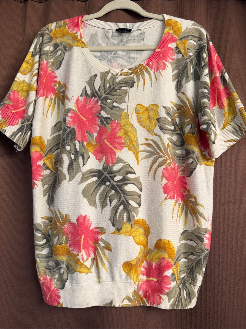 Talbots Cream Short Sleeve Scoop Neck Top with Pink & Yellow Floral Motif
